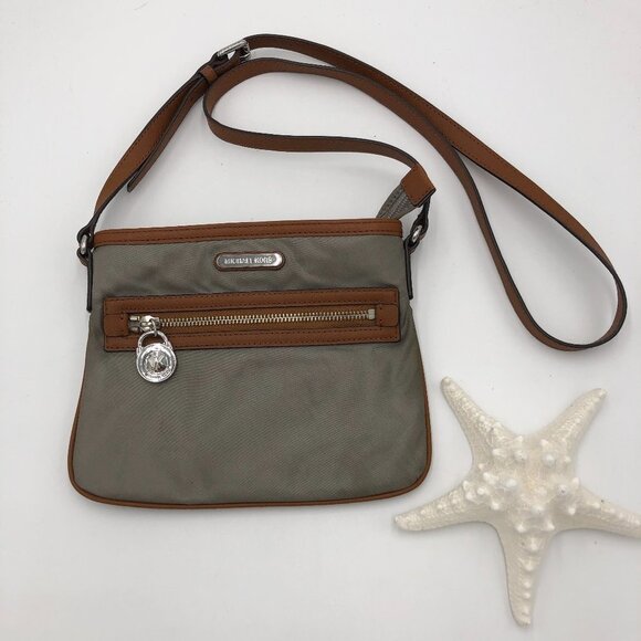MICHAEL Michael Kors Kempton Mini Crossbody Bag Taupe with Cognac Trim